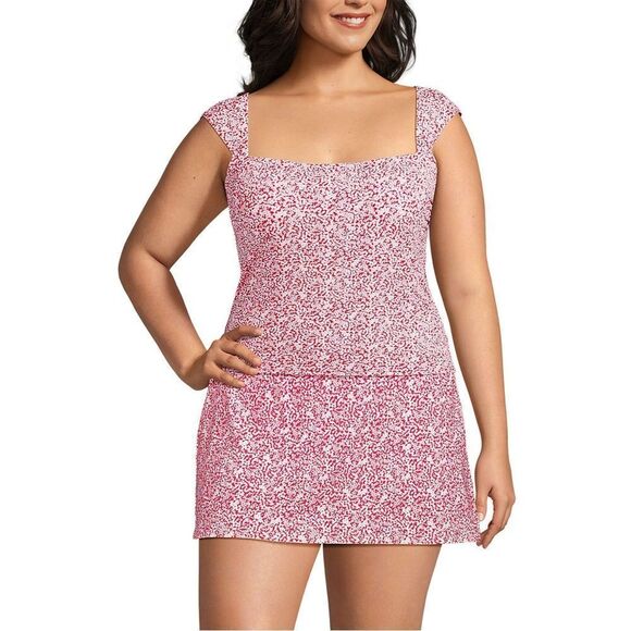 Land's End square neck and back tankini top coral rose white Ditsy Lily 14 DD - Picture 6 of 8